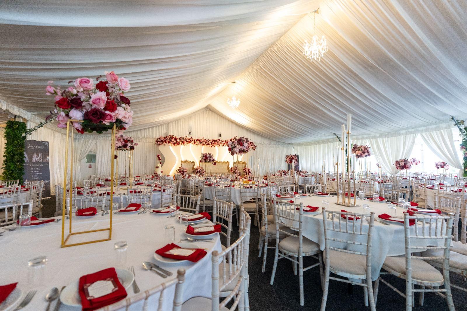 Elegant banquet hall set for a celebration